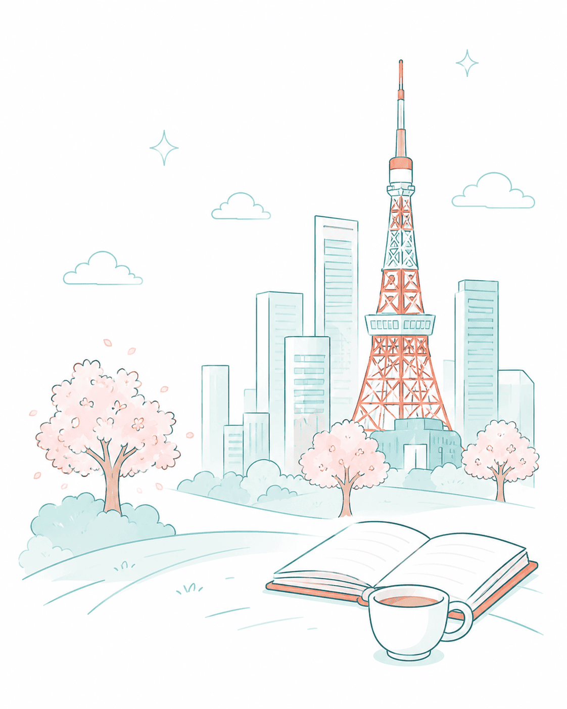 東京タワーと桜、本とコーヒーのイラスト